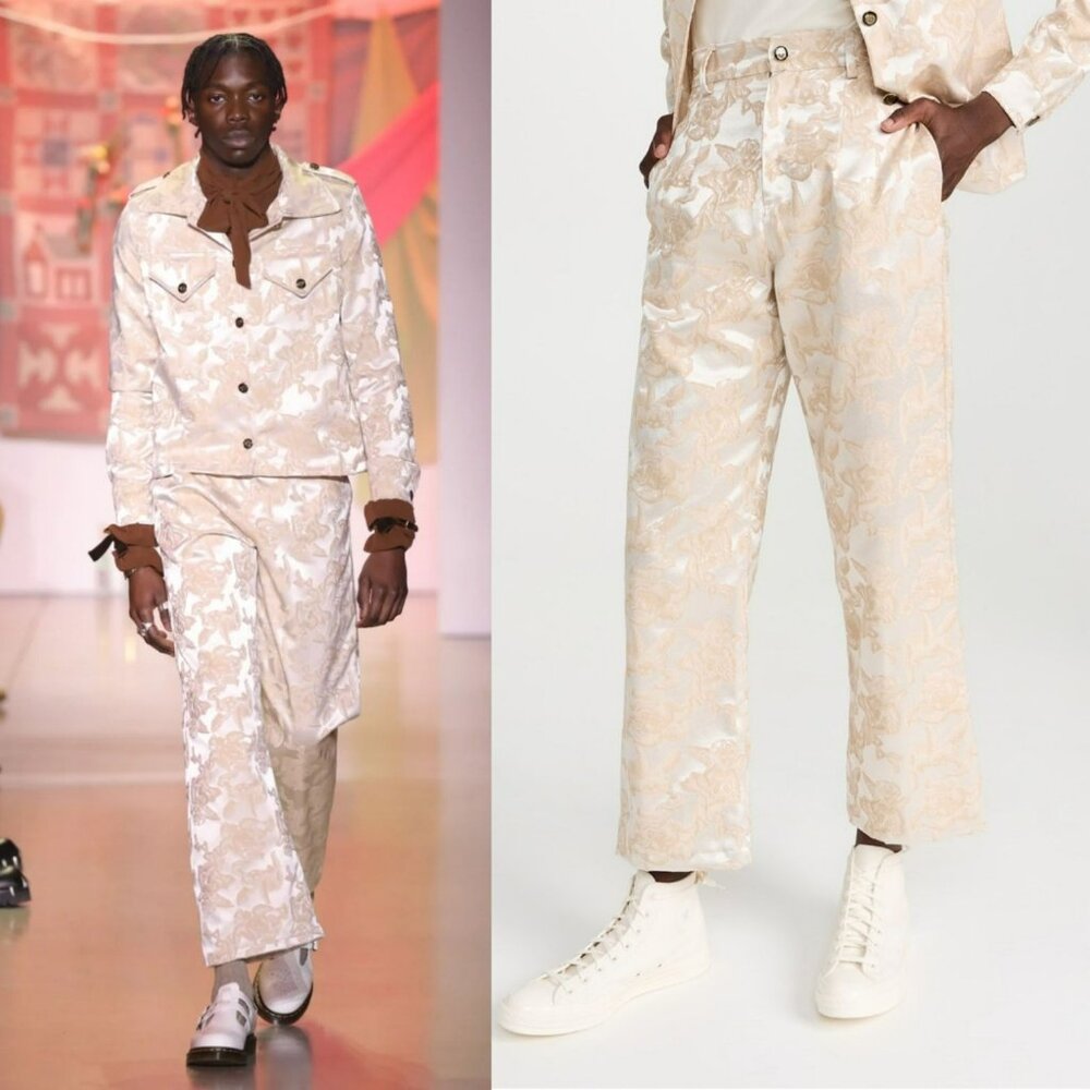 House of AAMA $550 Mens Easter Cherub Pants Tan Creme Jacquard Maximalism Loud